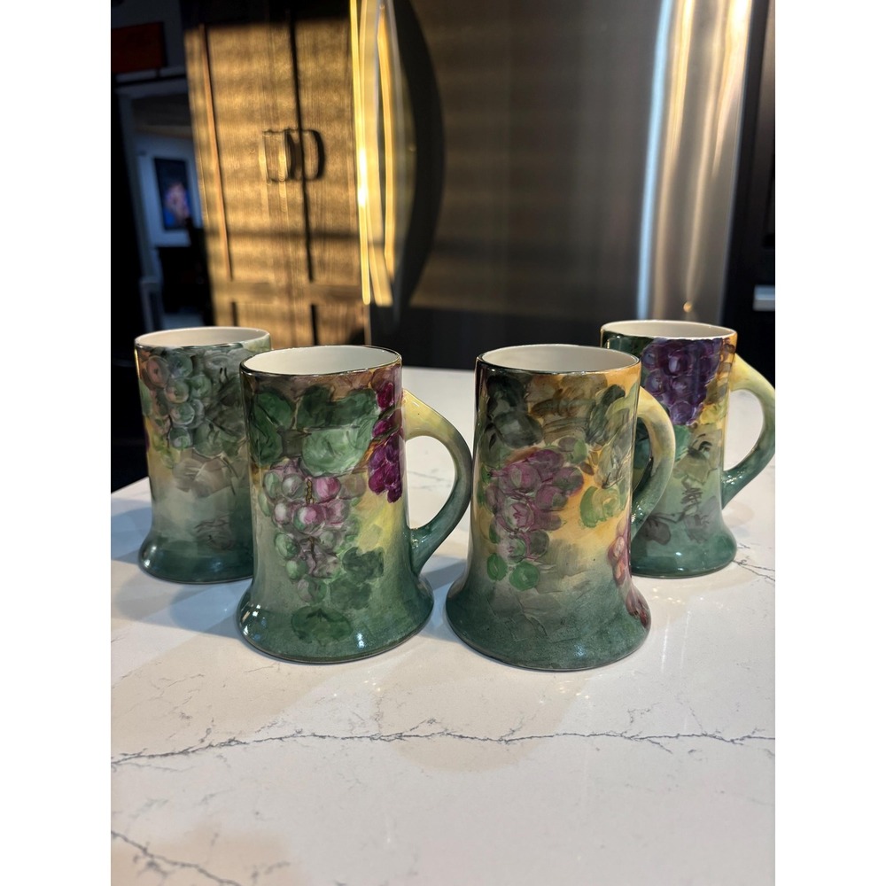 Antique Beleek Art Pottery Handpainted Grape Vine Tankard Mug Stein